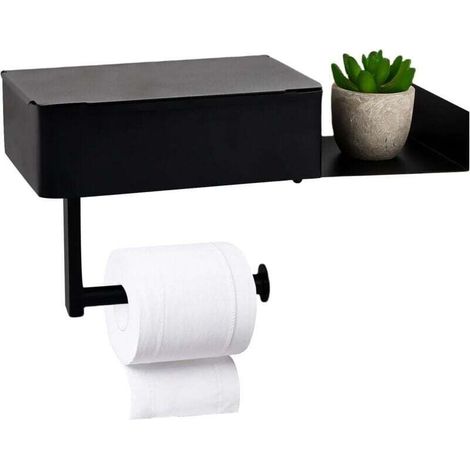 Toilet paper holder with built-in tissue box, black stainless steel wall-mounted toilet paper holder, no drilling, suitable for bathroom use. (1/4)