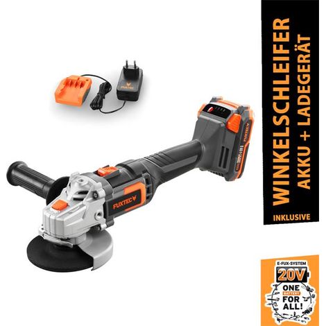 FUXTEC Akku Winkelschleifer 20V E1WS20 – inklusive 2Ah-Akku und 1A Ladegerät – Kabellos, mit Seitengriff - Scheibendurchmesser: 115mm, max. Drehzahl 7500 U/min