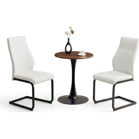Ensemble table ronde et 2 chaises, table ronde 60 cm en MDF, chaises blanches motif losanges, pied central noir, intérieur (1/5)