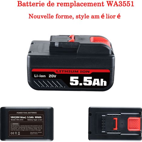 Batterie Worx 20V 5,0Ah Li-Ion – Remplacement WA3553, WA3556, WA3551, 10 Ans De Garantie