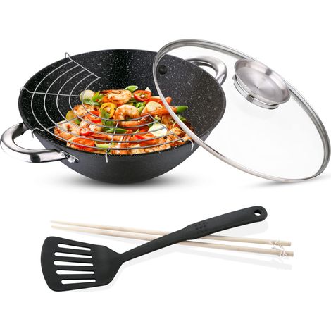 Wok Poêle à wok avec revêtement en marbre et couvercle en verre Fonctions et accessoires multiples Wok en fonte Compatible avec les plaques à induction, 28x40x12 cm (1/4)