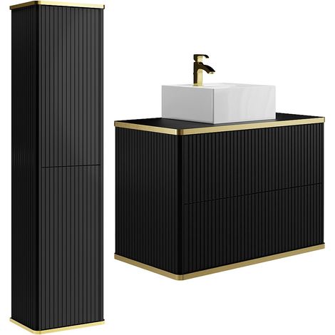 Mobile bagno sospeso scanalato con lavabo da appoggio quadrato e colonna Nero 80 cm - KELIZA