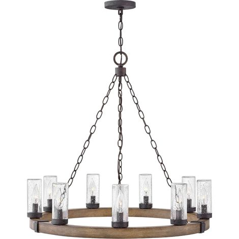 Elstead Sawyer Suspension Sawyer à 9 bras multiples, effet bois de séquoia, verre clair à bulles, IP44 (1/5)