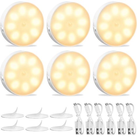 Lot de 6 Veilleuse LED Rechargeable USB Capteur Mouvement 8 LEDs Mode Auto Pour Couloir Escalier (1/5)