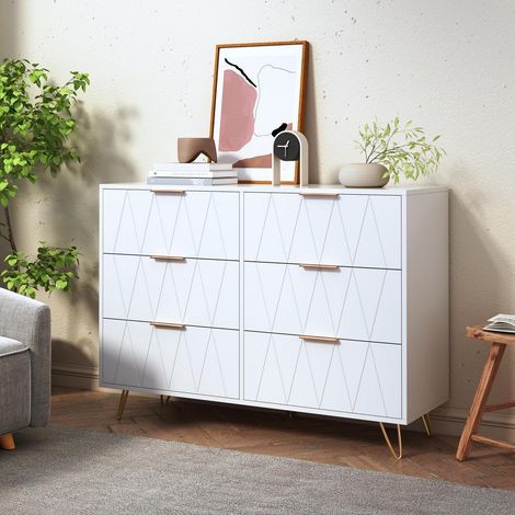 Commode blanche 6 tiroirs avec pieds dorés et poignées design (1/5)
