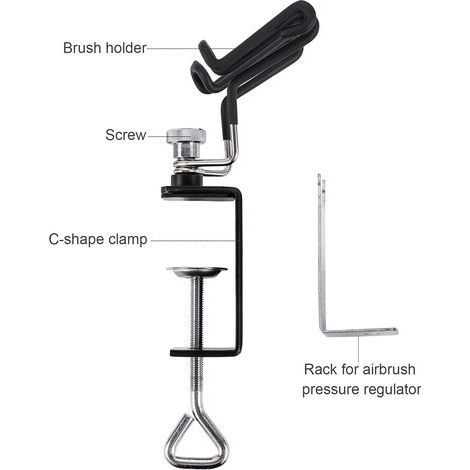 Wakects Universal Airbrush Holder, C Forme Clamp Airbush Stand Tool avec 2 Racks de Pinceau et Rack Latéral pour Le Régulateur de Pression Barges de Table jusqu'à 3 Pouces (1/5)