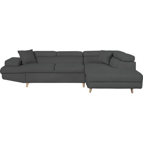 Canapé d'angle droit convertible RIO Scandinave avec coffre en tissu - Gris foncé, Pieds bois (1/5)