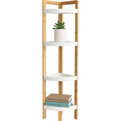 Relaxdays Étagère d'angle bambou, 4 tablettes demi-lunes, 105,5x23x23 cm, pour sdb & cuisine, naturel/blanc