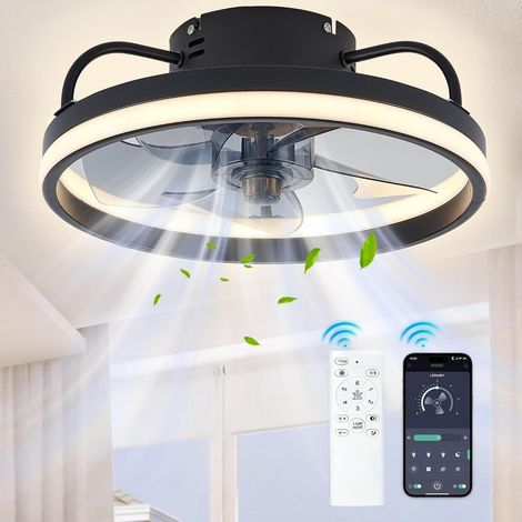 33/50 cm Deckenventilatoren mit Licht und Fernbedienung, 6 Geschwindigkeiten, Dimmer, Smart-App, leise und moderne Beleuchtung für Wohnzimmer, Schlafzimmer (Schwarz, 50 cm) (1/5)