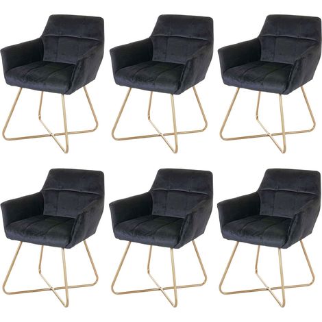 6er-Set Esszimmerstuhl HHG-528, Stuhl Küchenstuhl, Retro Design Samt goldene Füße schwarz