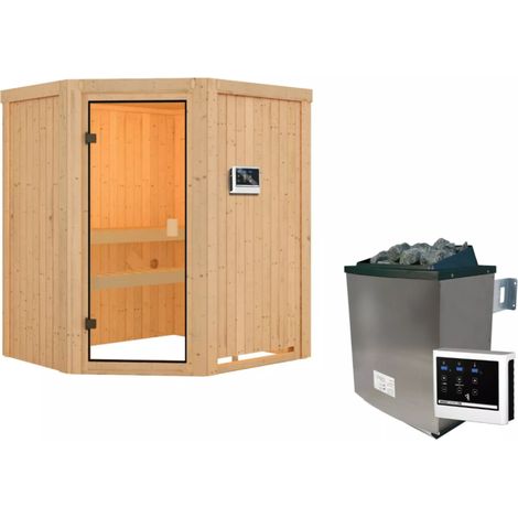 Sauna d'Angle 2-3 Places Bois Massif 68mm Poêle 9kW Karibu Faurin (1/5)
