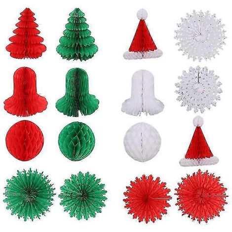Décorations de Noël en papier alvéolé, décorations de fête de Noël, boules de Noël suspendues en forme de nid d'abeille, clochettes, chapeaux, flocons de neige pour Noël (1/5)