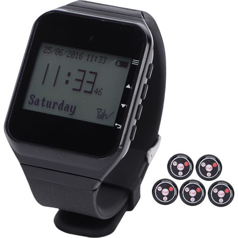 Système d'appel sans fil pour serveur avec 5 boutons d'appel à 4 touches, 1 récepteur montre, étanche IPX4, pour restaurants, cafés et usines (noir). (1/5)