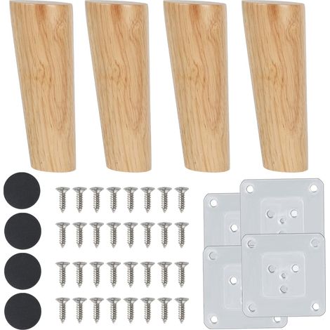 Lot de 4 pieds pour meubles de 15 cm en bois, pieds obliques avec plaque de montage et vis - ronds pour lit, tables et chaises (1/5)