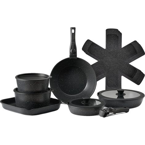 Set di pentole VEVOR da 17 pezzi, antiaderente, adatto a piani cottura in granito e a induzione, coperchi in vetro, nero, manici neri removibile. (1/2)