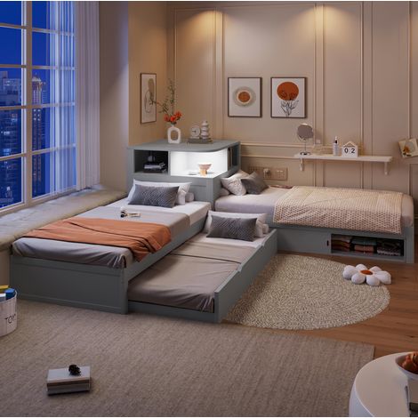 Cama L 90x200 cm de MDF y pino gris con cama nido y almacenaje – MEUBLIV (1/5)