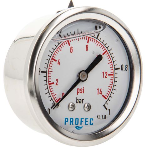 Profec Manometer 0 - 1 bar, Glyzeringefüllt, Ø 63 mm, 1/4 Zoll Anschluss nach hinten Axial, Überdruck-Manometer