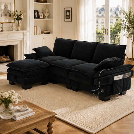 Canapé Modulable 3 Places en Velours Côtelé Noir avec Pouf Coffre et Port USB-C - PANGIVO (1/5)