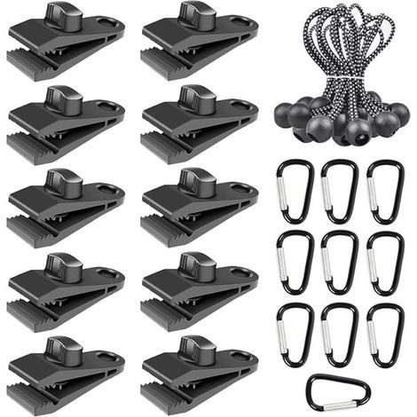 30 pezzi di clip per tende, clip per teloni, morsetti per tende da sole, clip per teloni con cordino elastico a sfera e moschettone per tende da campeggio e tende da sole all'aperto (1/5)