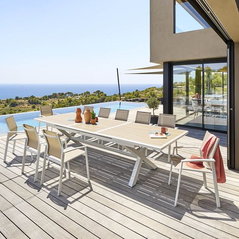 Hesperide – Table de jardin extensible 12 places en aluminium traité époxy – Plateau lattes effet bois – Pieds ajustables pour stabilité optimale (1/6)