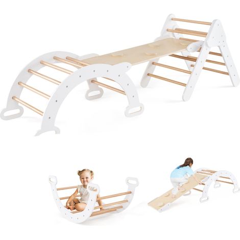 COSTWAY 3-In-1 Kids Climbing Triangle Set Wooden Triangle Climber Set-White (1/5)