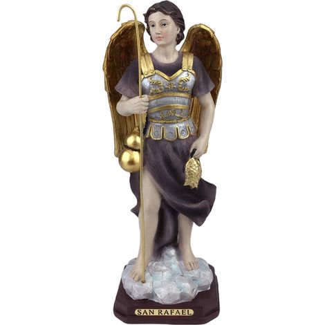 Figura religiosa di San Raffaele in resina con dettagli in oro e stile classico