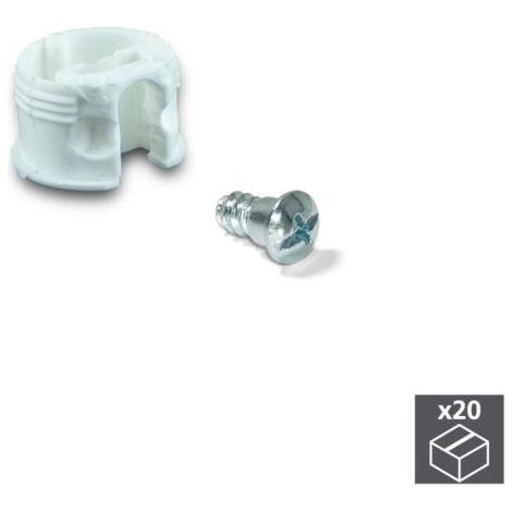 Emuca Enganche de unión para estantes, D. 20 mm, 13 mm, + Pernos D. 6 mm, Plástico y acero, Blanco, 20 ud. - (1/5)