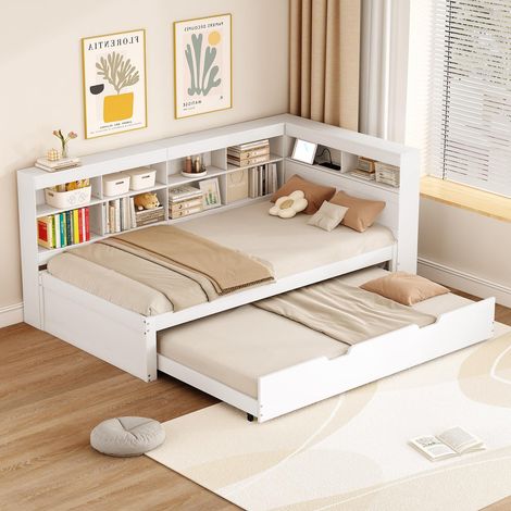 Lit multifonction 90x200 cm en bois blanc avec lit gigogne 90x190, usb et étagères intégrées (1/5)
