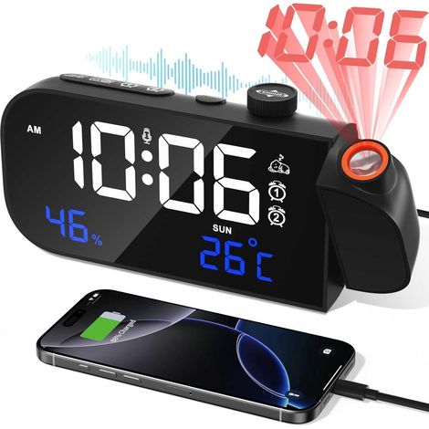 Radio Reveil Projection Plafond Digitale LED Réveil Numérique  Reveil Matin Horloge Numérique, avec Température/Humidité/Activation Sonore,Luminosité Volume Réglables,Pour Chambre Bureau (1/5)