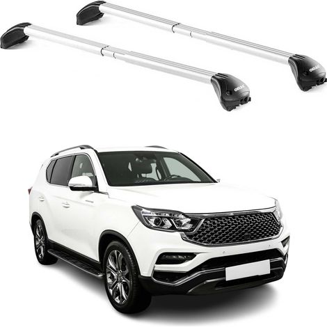 OMAC Barres de toit transversales certifiées TÜV pour Ssangyong Rexton 2017-2026 5 Portes – Verrouillables (4 antivols) – Charge max 100 kg – Sangle inox + protection caoutchouc Argent (1/4)