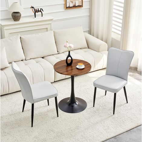 Esszimmer-Tisch- und Stuhl-Set aus MDF, Metall und PU in Walnuss/Schwarz/Hellgrau, Rundtisch Ø60x72 cm mit 2 Stühlen (1/5)