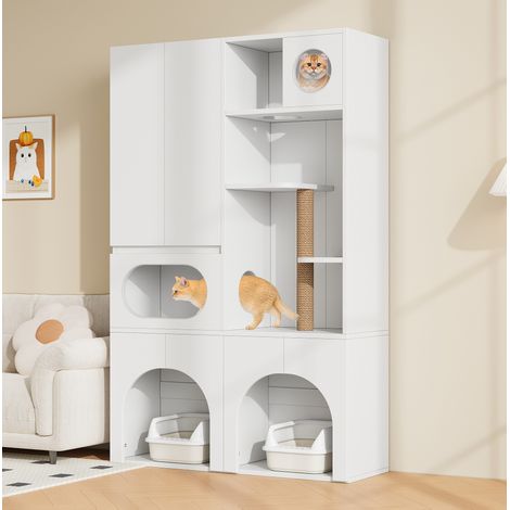 Mobile lettiera per gatti 140 x 45 x 195 cm in MDF bianco con tiragraffi – MEUBLIV (1/5)