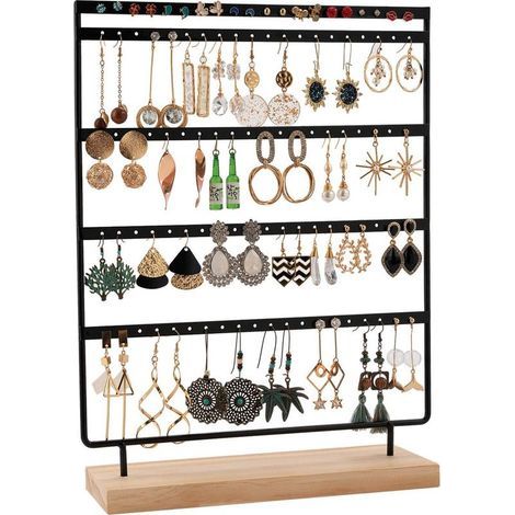 Porte-bijoux, à 100 trous, organisateur de boucles d'oreilles, en métal, à 5 niveaux avec base en bois, 35 x 27 cm, pour le rangement (1/5)