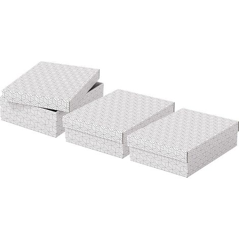 Esselte Set di 3 Contenitori Medi con Coperchio in Cartone Riciclato e Riciclabile al 100%, Ottimali per lo Stoccaggio o come Confezione Regalo, Design Geometrico, 265 mm x 100 mm x 360 mm, Bianco (1/5)