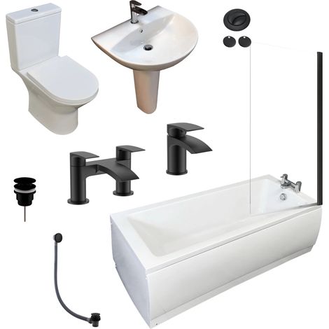 Complete Bathroom Suite Bath Basin Toilet with Bath Screen and Black Taps, Without Shower Valve (1/5)