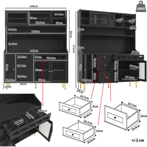 Meuble de rangement haut pour salon, cuisine et salle à manger, armoire avec étagères réglables, éclairage LED intégré, tiroir et casier à bouteilles, 145×39×171 cm, noir (1/5)