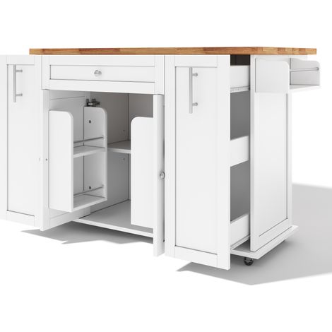 Isla de cocina móvil con encimera abatible, MDF, 120 x 70 x 87 cm, blanco natural (1/5)