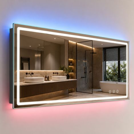 Relaxdays Miroir de salle de bains dimmable, 3 couleurs, antibuée, rétroéclairage RGB, IP44, en verre (1/5)