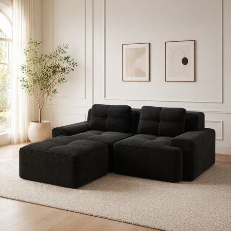 Divano modulare 2 posti con ottoman in velluto nero OKMYHOME (1/5)