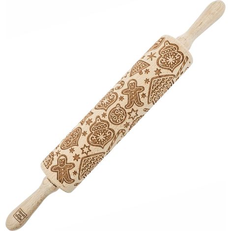 Rodillo de madera MoodForWood, grabado, 43 cm con asas, perfecto para hornear - Diseño de pan de jengibre (1/5)