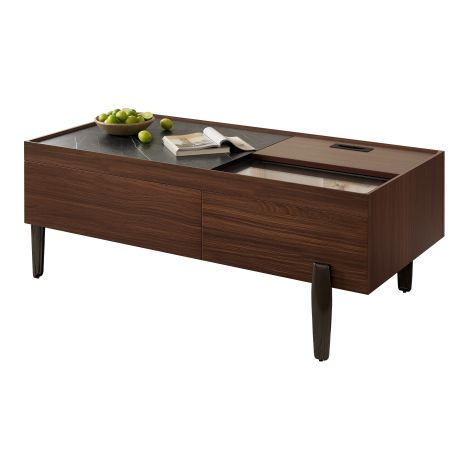Table basse moderne avec tiroirs et plateau en verre – Design en bois brun foncé, veinage effet marbre, pieds en métal et vaste espace de rangement pour le salon.