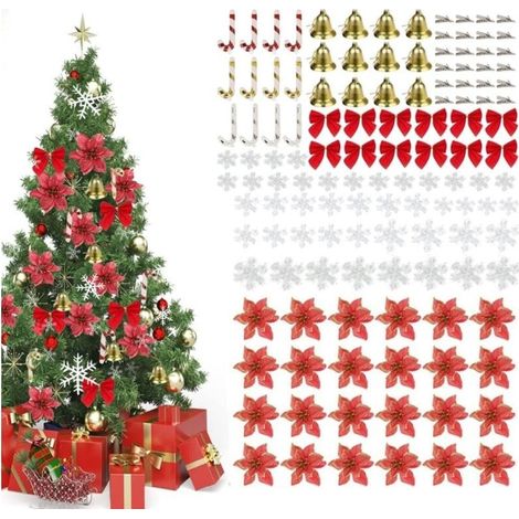 Ensemble Fleurs Noël Scintillantes, 120pcs Ornements Fleurs Arbre de Noël Comprenant 24 Fleurs Poinsettia Scintillantes 24 Clips 12 arcs 12 Cloches 12 Béquilles et 36 Flocons de Neige (Rouge) (1/5)