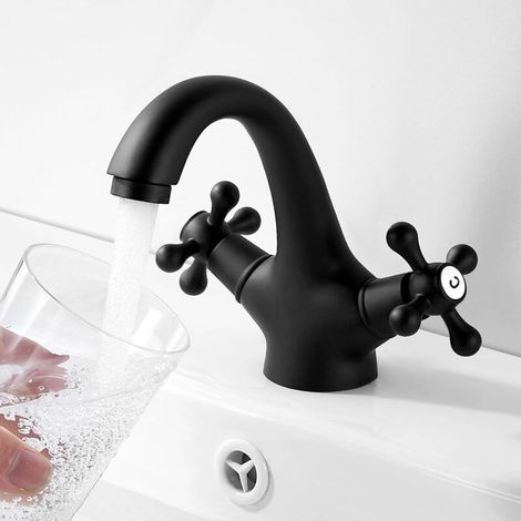 Robinet de salle de bain rétro noir, mitigeur de lavabo à double poignée, robinet de salle de bain rétro avec eau chaude et froide réglable, mitigeur de lavabo en laiton (tuyau d'eau chaude non inclus (1/4)