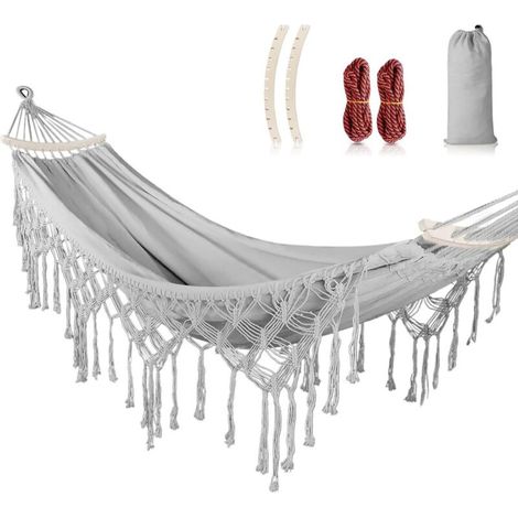 Amaca da giardino con nappe, portata massima 226,8 kg, in tela stile bohémien con corda spessa e borsa per il trasporto, ideale per esterni, giardino, patio, decorazioni per matrimoni (grigia) (1/4)