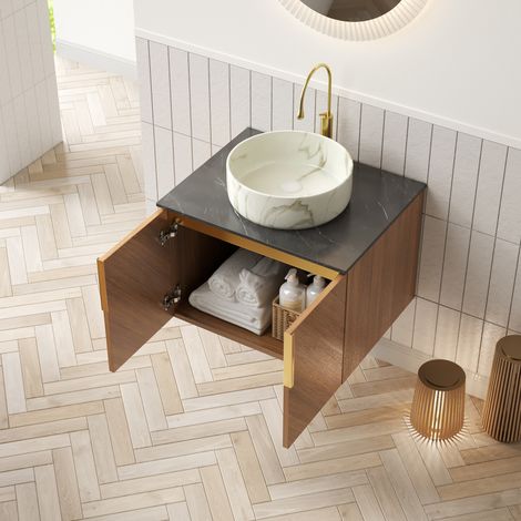 Meuble vasque suspendu 61 cm moderne, vasque ronde céramique blanche effet pierre, plan noir, 2 portes, chêne brun (1/5)