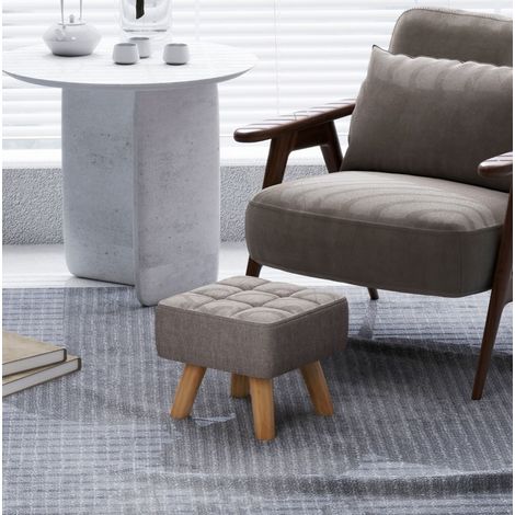 Puf reposapiés cuadrado de tela efecto lino con patas de madera, gris, 27 x 27 x 26 cm (1/5)