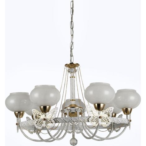 TRADE SHOP - Lampadario Classico Bianco Anticato Shabby Chic Lampada 7 Coppe Con Farfalle 92433 -