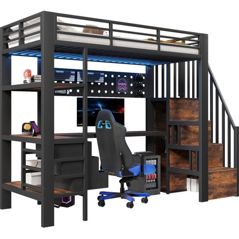Lit mezzanine 90x200 cm en métal et MDF avec bureau, étagères, 3 tiroirs, panneau perforé, prise et LED dimmable, noir, idéal pour optimiser un petit espace CHICFURN (1/5)