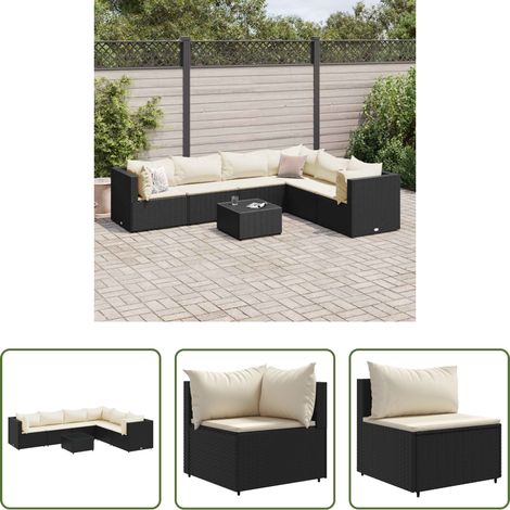vidaXL Rattan - 7-tlg. Garten-Lounge-Set mit Kissen Schwarz Poly Rattan (1/5)