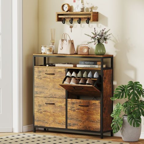 Schuhschrank – 98 x 24 x 95 cm – mit 4 Klappschubladen – offenes Regal – schlankes Design – Braun